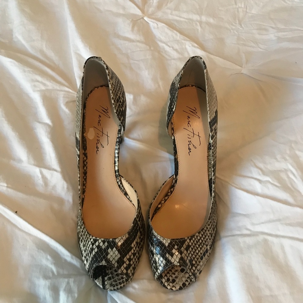 Marc Fisher Brown Snake Print Peep Toe Heel